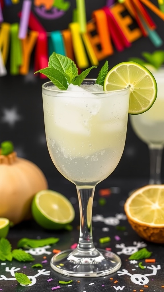 A clear glass filled with Ghostly Coconut Lime Fizz Mocktail, ice, lime slice, and mint garnish.